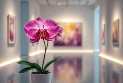 The primary subject of the image is a pink orchid flower in a white vase. The setting is a room with a white wall, and the visual style appears to be a photo. The orchid is the main focus of the image, and its vibrant pink color adds a touch of elegance and beauty to the scene.