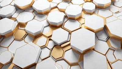 The primary subject of the image is a pattern of hexagonal shapes, which are arranged in a honeycomb-like structure. The setting is a white background, which provides a clean and minimalist appearance. The visual style is a combination of digital art and illustration, creating a unique and intricate design. The dominant colors are gold and white, giving the pattern a warm and elegant feel.