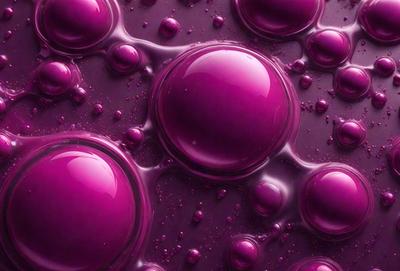The primary subject of the image is a close-up of a purple liquid, possibly a sauce or a drink, with a few bubbles floating in it. The setting is a dark background, which contrasts with the purple liquid. The visual style appears to be a close-up of a purple liquid, possibly a sauce or a drink, with a few bubbles floating in it. The colors and mood of the image are predominantly purple, creating a visually striking and moody atmosphere.