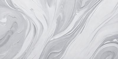 The primary subject of the image is a large, white, and gray painting of a flowing, swirling design. The setting is a white wall, and the visual style appears to be a combination of digital art and illustration. The dominant colors in the painting are white and gray, creating a clean and modern atmosphere.