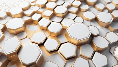 The primary subject of the image is a close-up of a gold and white patterned surface. The setting is a white background, and the visual style appears to be a digital art or illustration. The dominant colors are gold and white, creating a warm and elegant atmosphere.