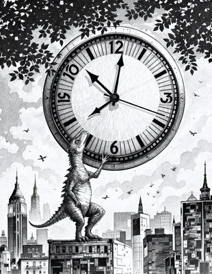 The primary subject of the image is a large, detailed illustration of a dinosaur, specifically a T-Rex, holding a clock in its mouth. The setting is a cityscape, with a tall building visible in the background. The visual style is a combination of digital art and illustration, creating a unique and intricate scene. The colors are predominantly dark, with the T-Rex being the main focus, and the cityscape providing a contrasting backdrop. The overall atmosphere is one of creativity and imagination, as the artist has combined two unrelated subjects to create a striking and memorable image.