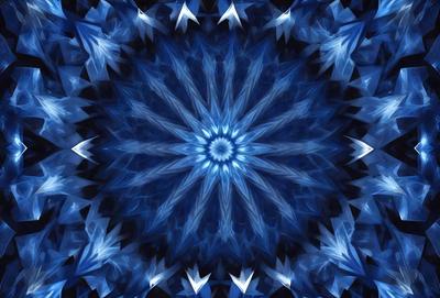 The primary subject of the image is a blue and white circular pattern, which appears to be a digital art or illustration. The setting is a blue background, and the visual style is a combination of digital art and illustration. The dominant colors are blue and white, creating a calm and serene atmosphere.