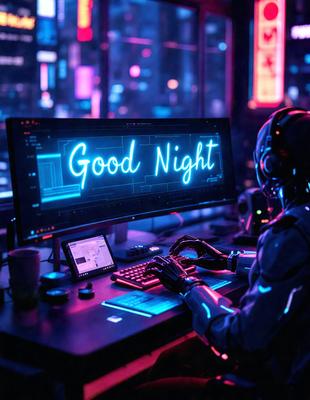 The primary subject of the image is a person sitting at a desk in front of a computer screen. The person is wearing a futuristic outfit and is typing on a keyboard. The setting appears to be a futuristic environment, possibly a nightclub or a futuristic office. The visual style of the image is a combination of digital art and illustration, creating a unique and futuristic atmosphere. The colors and mood of the image are predominantly blue and purple, giving it a futuristic and technological feel.