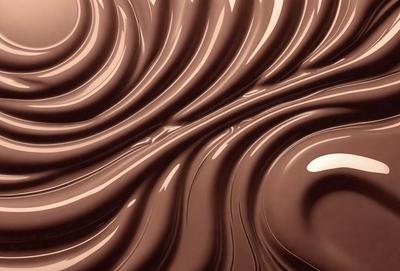 The primary subject of the image is a close-up of a chocolate-covered surface, possibly a chocolate bar or a chocolate-covered item. The setting is a close-up of the chocolate, with a background that is either a pattern or a texture. The visual style is a close-up, which emphasizes the details of the chocolate. The colors and mood of the image are predominantly brown, which is characteristic of chocolate.