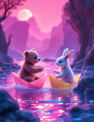 The primary subject of the image is a pink boat with two animals, a teddy bear and a bunny, sitting in it. The setting is a body of water, possibly a lake or a river, with a beautiful sunset in the background. The visual style is a digital art or illustration, creating a whimsical and charming atmosphere. The dominant colors are pink and purple, which add a sense of warmth and playfulness to the scene.