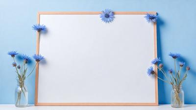 The primary subject of the image is a whiteboard with blue flowers on it. The setting is a room with a blue wall, and the visual style is a photo. The colors and mood of the image are predominantly blue, creating a calm and serene atmosphere.