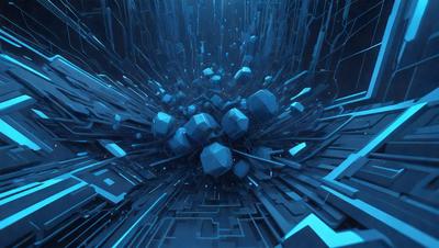 The primary subject of the image is a collection of blue geometric shapes, which are arranged in a visually appealing manner. The setting is a blue background, which complements the blue geometric shapes. The visual style of the image is digital art, as it appears to be a computer-generated or digitally created piece. The dominant colors in the image are blue, which creates a calm and soothing atmosphere.