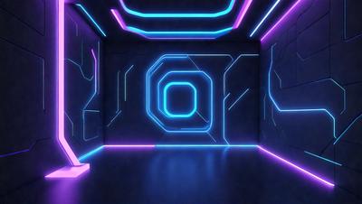 The primary subject of the image is a neon-lit room with a blue and purple color scheme. The setting is a futuristic environment, possibly a space station or a futuristic room. The visual style of the image is digital art, as it appears to be a computer-generated or digitally created scene. The dominant colors and overall atmosphere of the image are blue and purple, giving it a futuristic and otherworldly appearance.