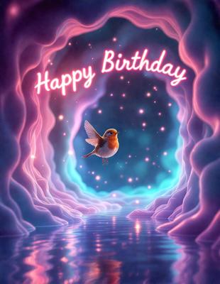 The primary subject of the image is a small bird, which is perched on a branch. The bird is surrounded by a colorful and vibrant environment, with a blue and pink background. The visual style of the image is digital art, as it appears to be a painting or drawing created using digital tools. The colors and mood of the image are lively and cheerful, with the bird being the focal point of the scene.