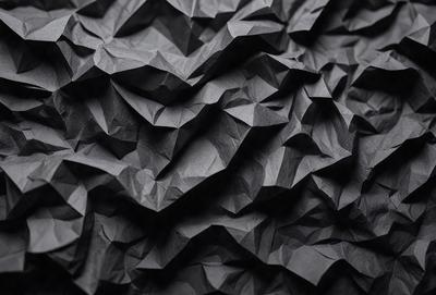 The primary subject of the image is a black and white paper or fabric with a pattern of folded or crumpled edges. The setting is a dark background, which contrasts with the paper or fabric. The visual style is a close-up of the paper or fabric, showcasing its intricate pattern. The colors and mood of the image are predominantly dark, with the black and white paper or fabric creating a sense of depth and texture.