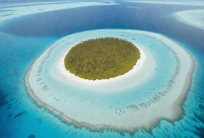 The primary subject of the image is a small island surrounded by a lagoon. The island is covered in green vegetation, giving it a tropical appearance. The setting is a beautiful blue lagoon, which provides a serene and picturesque backdrop for the island. The visual style of the image is a combination of photo and digital art, creating a realistic yet artistic representation of the scene. The colors and mood of the image are predominantly blue and green, evoking a sense of tranquility and natural beauty.