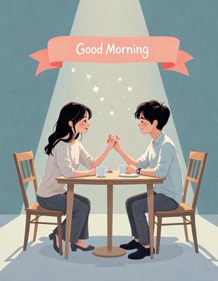 The primary subject of the image is a man and a woman sitting at a dining table, holding hands and smiling. They are surrounded by a cozy and intimate atmosphere. The setting includes a dining table with cups and a chair. The visual style is an illustration, which adds a sense of warmth and connection to the scene. The colors are predominantly warm and inviting, with the man and woman's smiles being the brightest and most prominent feature in the image.