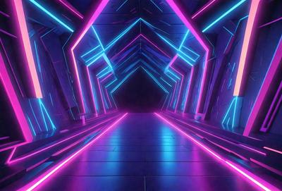 The primary subject of the image is a long, brightly lit tunnel with a purple and blue neon lighting. The setting is a futuristic environment, possibly a space station or a futuristic city. The visual style is a digital art or illustration, with the tunnel appearing to be a part of a larger, futuristic structure. The colors and mood of the image are vibrant and energetic, with the purple and blue neon lights creating a sense of excitement and wonder.