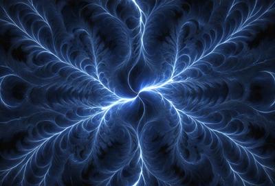 The primary subject of the image is a blue and white lightning bolt, which is the main object, scene, or focus of the image. The setting or background features a dark blue background, which contrasts with the lightning bolt. The visual style of the image is digital art, as it appears to be a digital illustration or drawing. The colors and mood of the image are predominantly blue and white, with a sense of energy and movement conveyed by the lightning bolt.