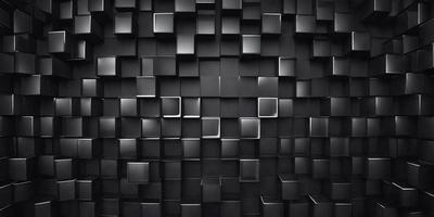 The primary subject of the image is a black and silver wall with a pattern of squares. The setting is a dark room, and the visual style is a combination of photo and digital art. The dominant colors are black and silver, creating a moody atmosphere.