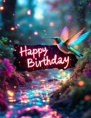 The primary subject of the image is a colorful bird, likely a hummingbird, flying over a body of water. The bird is surrounded by a vibrant and lively environment, with a forest visible in the background. The visual style of the image is a combination of photo and digital art, creating a unique and eye-catching scene. The colors and mood of the image are predominantly bright and cheerful, with the bird's colors and the surrounding environment contributing to the overall atmosphere.