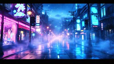 The primary subject of the image is a city street at night, with a wet road reflecting the lights from the surrounding buildings. The setting includes a street with a crosswalk, traffic lights, and a few people walking around. The visual style is a digital art or illustration, creating a moody and atmospheric scene. The colors are predominantly dark, with the lights from the buildings and streetlights providing a contrasting glow.