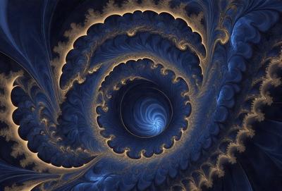 The primary subject of the image is a blue spiral pattern, which appears to be a part of a larger, intricate design. The setting is a dark, swirling background that contrasts with the blue spiral. The visual style is a combination of digital art and illustration, creating a unique and captivating image. The dominant colors are blue and black, giving the image a moody and mysterious atmosphere.