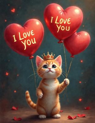 The primary subject of the image is a small orange and white cat. The cat is holding onto two red balloons, which are floating in the air. The setting is a dark background, which contrasts with the bright red balloons and the orange and white cat. The visual style is a digital art, illustration, or drawing, creating a whimsical and playful atmosphere. The colors and mood of the image are predominantly red and orange, giving the scene a warm and cheerful vibe.