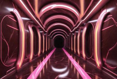 The primary subject of the image is a long, narrow hallway with a pink floor. The setting is a futuristic environment, possibly a space station or a futuristic building. The visual style is a combination of photo and digital art, creating a unique and intriguing atmosphere. The dominant colors are pink and purple, giving the hallway a vibrant and futuristic appearance.