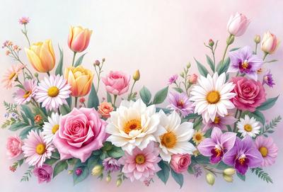 The primary subject of the image is a beautiful bouquet of flowers, featuring a variety of different types and colors. The flowers are arranged in a visually appealing manner, creating a sense of harmony and natural beauty. The setting is a white wall, which serves as a clean and uncluttered backdrop for the vibrant flowers. The visual style of the image is a painting, which adds a sense of artistic expression and depth to the composition. The colors and mood of the painting are predominantly warm and inviting, with the flowers serving as the focal point and source of visual interest.
