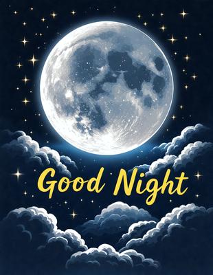 Good Night: A nighttime scene with a moon and stars in the sky, a cloudy background, and a yellow text reading "Good Night."
