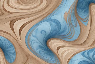 The primary subject of the image is a swirling, blue and brown pattern that resembles a wood grain. The setting is a blue background, and the visual style appears to be a combination of a photo and digital art. The colors and mood of the image are vibrant and dynamic, with the blue and brown tones creating a sense of depth and movement.