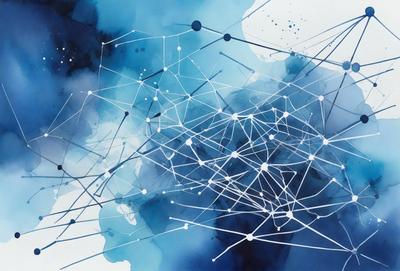 The primary subject of the image is a blue and white painting of a network of lines and dots. The setting is a white background, and the visual style appears to be a digital art or illustration. The dominant colors are blue and white, creating a calm and soothing atmosphere.