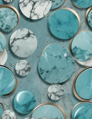 The primary subject of the image is a collection of blue and white marble circles. These circles are arranged in a pattern, creating a visually appealing and cohesive design. The setting is a marble surface, which adds to the overall aesthetic of the scene. The visual style of the image is a combination of photo and digital art, as it showcases the marble circles in a well-lit and detailed manner. The dominant colors in the image are blue and white, giving the scene a clean and elegant appearance.