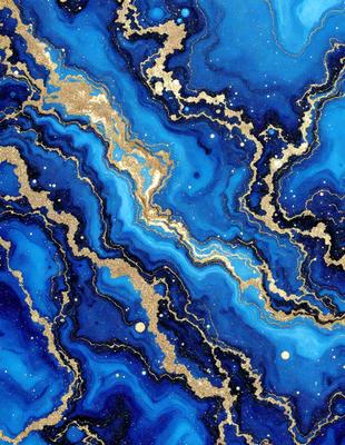 The primary subject of the image is a blue and gold patterned wallpaper. The setting is a blue and gold wallpapered room, which creates a visually appealing and unique atmosphere. The visual style is a combination of digital art and illustration, showcasing the intricate design and colors. The dominant colors are blue and gold, creating a sense of luxury and sophistication.