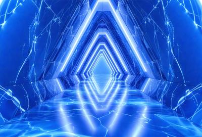 The primary subject of the image is a long, narrow hallway with a blue lighting effect. The hallway is lined with blue lights, creating a unique atmosphere. The setting is a futuristic environment, possibly a space station or a high-tech facility. The visual style of the image is a combination of digital art and photography, with the blue lighting giving it a surreal and otherworldly appearance. The colors and mood of the image are predominantly blue, with a sense of depth and intrigue.