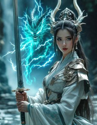 The primary subject of the image is a woman dressed in a white outfit, holding a sword. She is standing in front of a dragon, which is a prominent feature in the scene. The setting appears to be a fantasy or mythical environment, with the woman and the dragon as the main focus. The visual style of the image is a combination of photo and digital art, creating a unique and captivating scene. The colors and mood of the image are predominantly dark and dramatic, with the woman and the dragon standing out against the backdrop.