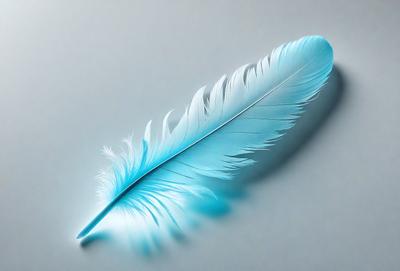 The primary subject of the image is a blue feather, which is the main object, scene, or focus of the image. The setting is a gray background, which provides a neutral and clean environment for the feather. The visual style is a close-up of the feather, showcasing its details and texture. The colors and mood of the image are predominantly blue, giving it a calm and serene atmosphere.