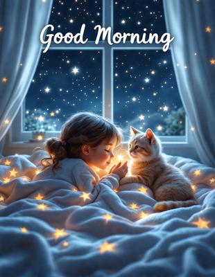 The primary subject of the image is a young girl lying in bed, smiling at a cat. The setting is a cozy bedroom with a window, and the visual style is a digital art illustration. The colors and mood of the image are warm and inviting, with the girl's smile and the cat's presence creating a sense of comfort and companionship.