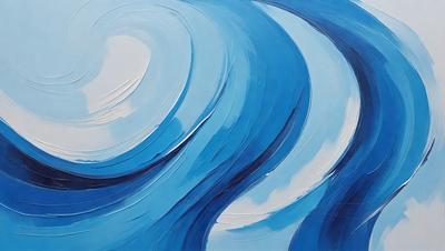 The primary subject of the image is a painting of a blue ocean with waves. The setting is a white background, and the visual style appears to be a digital art or illustration. The dominant colors in the painting are blue and white, creating a serene and calming atmosphere.