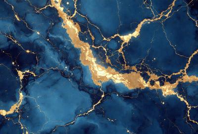 The primary subject of the image is a blue and gold marbled wall. The setting is a room with a blue and gold marbled wall, which serves as the background. The visual style is a photo, capturing the intricate details of the marbled wall. The dominant colors are blue and gold, creating a luxurious and elegant atmosphere.