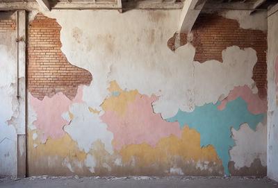 The primary subject of the image is a wall with a colorful, artistic design. The wall is painted with a mix of yellow, pink, blue, and white colors, creating a vibrant and lively atmosphere. The setting is a room with a brick wall, which adds a rustic touch to the overall visual style. The design on the wall appears to be a combination of a mural and a painting, giving the impression of a unique and creative artwork.