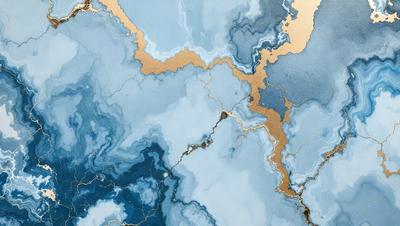 The primary subject of the image is a blue and gold painting of a rocky landscape. The setting is a blue and gold background, which adds to the overall visual style. The painting appears to be a digital art or illustration, showcasing the artist's skill in creating a realistic and captivating scene. The colors and mood of the painting are predominantly blue and gold, giving it a serene and calming atmosphere.