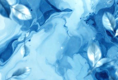 The primary subject of the image is a blue and white swirling pattern, which appears to be a painting or a digital artwork. The setting is a blue background, and the visual style is a combination of photo and digital art. The dominant colors are blue and white, creating a calm and serene atmosphere.