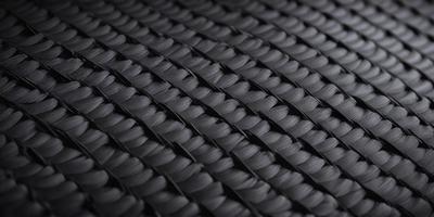 The primary subject of the image is a black, woven fabric with a pattern of interlocking circles. The setting is a black background, which contrasts with the fabric. The visual style is a close-up of the fabric, showcasing its intricate design. The colors and mood of the image are predominantly dark, with the black fabric and background creating a moody atmosphere.