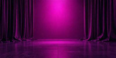 The primary subject of the image is a purple stage with a purple curtain. The setting is a theater or a stage, and the visual style is a photo. The dominant colors and overall atmosphere are purple, creating a unique and artistic ambiance.