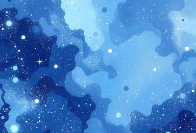 The primary subject of the image is a blue and white starry sky. The setting is a vast, open space with a backdrop of stars. The visual style is a combination of digital art and illustration, creating a vibrant and dynamic atmosphere. The colors and mood are predominantly blue and white, with a sense of wonder and exploration.