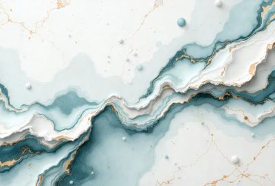 The primary subject of the image is a marble-like surface with a blue and white color scheme. The setting is a white marble countertop, and the visual style is a combination of photo and digital art. The colors and mood of the image are serene and calming, with the blue and white tones creating a sense of tranquility.