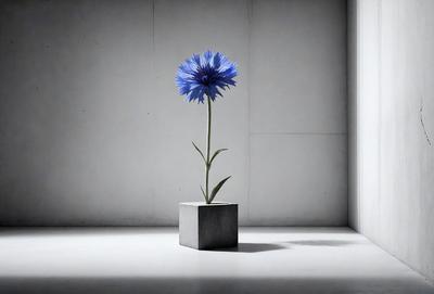 The primary subject of the image is a blue flower in a square vase. The setting is a white wall, which serves as the backdrop for the flower arrangement. The visual style is a photo, capturing the beauty of the blue flower in a simple yet elegant vase. The colors and mood of the image are predominantly white and blue, creating a serene and calming atmosphere.