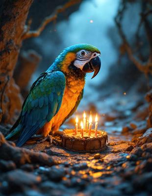 The primary subject of the image is a parrot sitting on a cake with lit candles. The setting is a dark environment, possibly a cave, with a rocky background. The visual style appears to be a photo, capturing the bird and the cake in a realistic manner. The colors and mood of the image are predominantly dark, with the lit candles providing a touch of warmth and light.