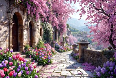 Primary subject: A beautifully painted street with a path lined with purple flowers, including tulips and cherry blossoms.

Setting/background: The street is situated in a picturesque village, surrounded by a mountainous landscape.

Visual style: The image is a digital artwork, featuring a vibrant color palette and intricate details.

Colors and mood: The dominant colors are purple, pink, and white, creating a serene and enchanting atmosphere.