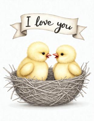 The image features two baby chicks sitting in a nest, with their beaks touching each other. The scene is set in a white background, giving it a clean and simple appearance. The visual style is a combination of photo and digital art, creating a realistic yet artistic representation of the chicks in their nest. The colors and mood of the image are warm and inviting, with the chicks being the main focus of the scene.