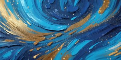 The primary subject of the image is a painting featuring a blue ocean with gold and blue colors. The setting is a canvas, and the visual style is a painting. The dominant colors are blue and gold, creating a serene and calming atmosphere.