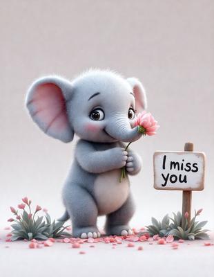 The primary subject of the image is a cute, cartoon-like elephant holding a pink flower. The setting is a white background, which provides a clean and simple backdrop for the scene. The visual style is a combination of digital art and illustration, creating a whimsical and playful atmosphere. The colors are predominantly pink and white, which adds to the overall mood of the image.